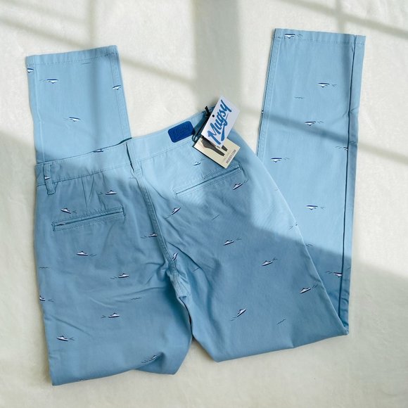 Mugsy Mens Waverunner Chino Pants 31x30 GOOD VIBES Light Blue Stretchy Jet Ski - Picture 6 of 9